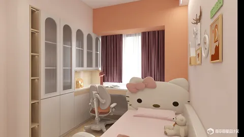 children's bedroom featuring a Hello Kitty bed and a study area with ergonomic chair, designed in a playful style, optimizing small space with smart furniture arrangement using Homestyler's real-time 3D rendering.