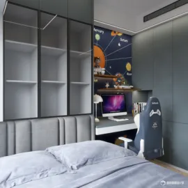Modern bedroom design featuring a workspace with a computer, integrating AR virtual furniture placement for optimal layout and style. Ideal for maximizing small space functionality.