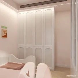 Modern nursery with a white wardrobe and pink walls, showcasing a cozy design for a child's space, featuring interior decor that enhances comfort and style using Homestyler's real-time 3D rendering function.