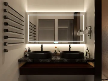 modern bathroom design featuring dual sink units and decorative lighting, showcasing interior decor with an emphasis on luxury and functionality, utilizing Homestyler's real-time 3D rendering feature.