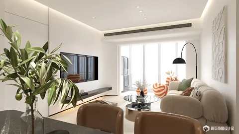 modern living room design featuring a cozy sofa and decorative accents using real-time 3D rendering for a visually appealing layout in a contemporary style.