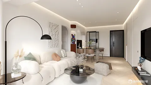 modern living room showcasing a cozy arrangement of a plush sofa and stylish coffee table, designed with minimalist aesthetics and ambient lighting for an inviting atmosphere; highlighting Homestyler's real-time 3D rendering feature for quick design previews.