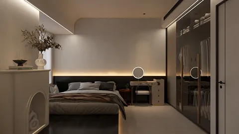 Modern bedroom design featuring a cozy bed and elegant decor with smart furniture arrangement, emphasizing space optimization using Homestyler's real-time 3D rendering capability.
