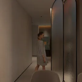 A person walking in a modern hallway with decorative partitions, showcasing contemporary interior design, utilizing Homestyler's real-time 3D rendering feature for visualizing space.