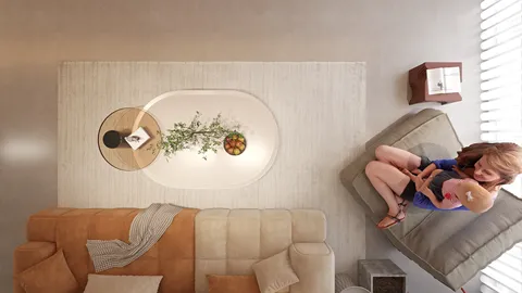 A cozy living room featuring a mother and child on a sofa, showcasing a modern interior design style with an emphasis on family comfort. The scene highlights Homestyler's real-time 3D rendering for effective design previews.