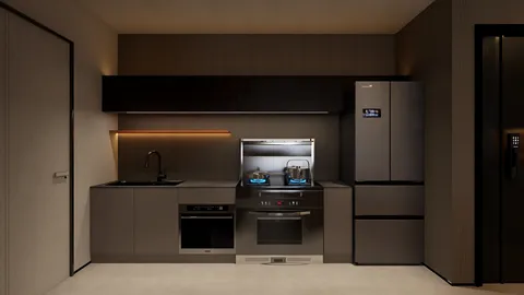 modern kitchen design featuring sleek cabinetry and state-of-the-art appliances in a minimalist style, highlighting the use of Homestyler's real-time 3D rendering for an accurate design preview