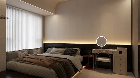 modern bedroom design featuring a cozy bed and stylish desk layout with ambient lighting, enhancing overall interior decor using Homestyler's real-time 3D rendering feature.