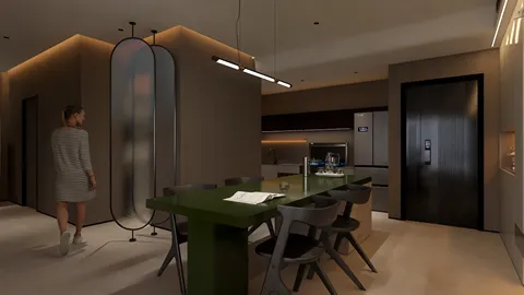modern dining area featuring a green dining table with black chairs, showcasing a minimalist design, enhancing space for social gatherings while utilizing Homestyler's real-time 3D rendering feature.