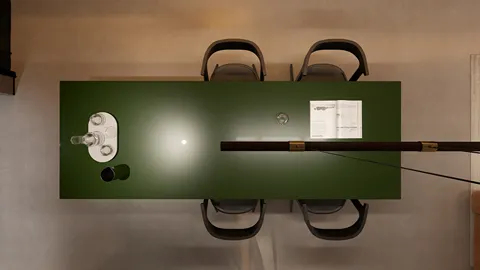 green dining table with minimalist design featuring glasses and a book, modern style, enhances eating space functionality using Homestyler's real-time 3D rendering feature