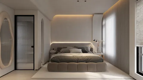 cozy modern bedroom with ambient lighting showcasing minimalist design and space optimization using Homestyler's real-time 3D rendering feature