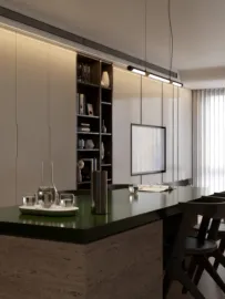 modern kitchen island with green countertop featuring a decorative setup and ambient lighting in a contemporary living space, showcasing Homestyler's real-time 3D rendering feature for interior design.