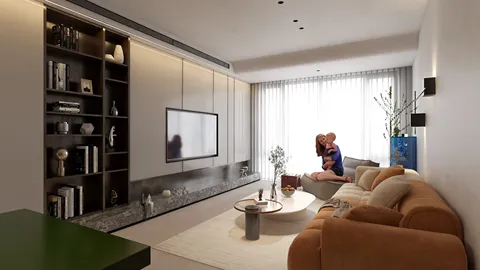 modern living room featuring a cozy sofa with soft textiles and decorative elements, designed to optimize small spaces using Homestyler's intelligent furniture arrangement feature.