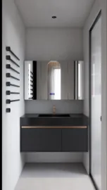 modern bathroom vanity design featuring sleek black cabinetry and a stylish mirror, showcasing interior decor elegance in a compact space, utilizing Homestyler's real-time 3D rendering for effective remodeling previews.