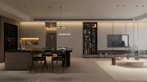 Modern kitchen design featuring a sleek island with green accents and minimalist cabinetry, showcasing a contemporary style that enhances the living space; utilizing Homestyler's real-time 3D rendering for an immersive visualization.