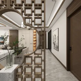 modern interior corridor design showcasing a decorative partition with geometric patterns, emphasizing spaciousness and style, featuring Homestyler's real-time 3D rendering for enhanced design visualization.