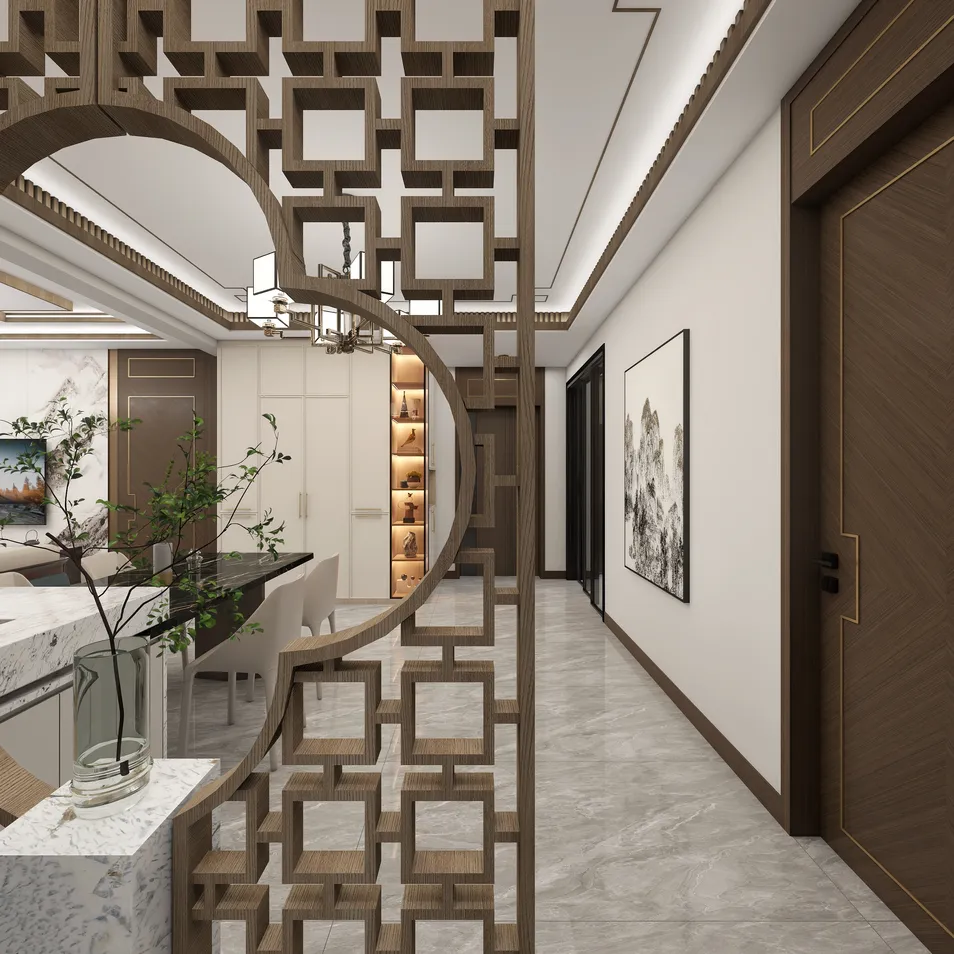 modern interior corridor design showcasing a decorative partition with geometric patterns, emphasizing spaciousness and style, featuring Homestyler's real-time 3D rendering for enhanced design visualization.
