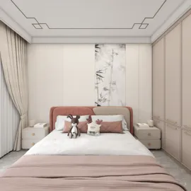 modern bedroom with a minimalist design featuring a plush bed arrangement, light color palette, and elegant details for creating a serene atmosphere; utilizing Homestyler's smart furniture arrangement feature.