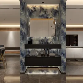 modern interior design featuring a decorative wall with abstract patterns and backlit shelving, showcasing a stylish arrangement of decor items, utilizing Homestyler's real-time 3D rendering for effective visual presentation.