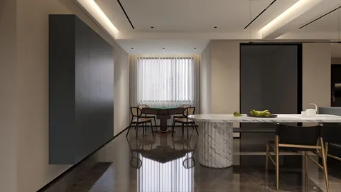 modern dining area featuring a marble dining table and sleek cabinetry, designed using Homestyler's real-time 3D rendering feature for interior design visualization.