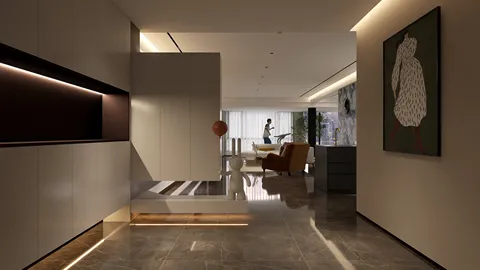 A welcoming hallway featuring modern furniture arrangement with an elegant design style, enhancing spatial value through efficient use of light and materials with Homestyler's real-time 3D rendering functionality.