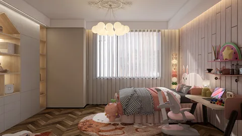 Cozy children's bedroom featuring playful furniture arrangement in modern style, optimized for space utilization with Homestyler's smart furniture layout feature.