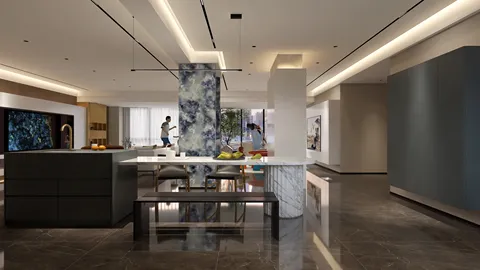 modern kitchen interior design featuring open layout with island seating and a marble accent wall, utilizing Homestyler's real-time 3D rendering for quick visualization.