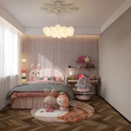 cozy children's bedroom design featuring a playful bed with animal plushies, soft lighting, and a study area, showcasing modern interior decor for kids; leverages Homestyler's real-time 3D rendering for an immersive preview.