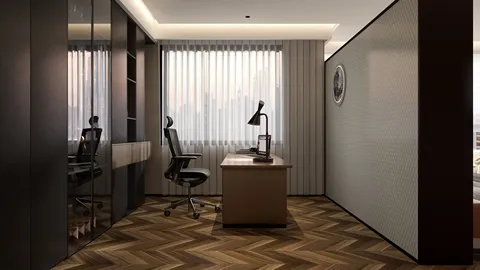 Home office interior featuring modern furniture arrangement with a sleek desk and ergonomic chair, designed for optimal productivity and comfort, utilizing Homestyler's real-time 3D rendering feature.