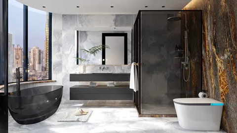modern bathroom design featuring a spacious layout with a sleek freestanding bathtub, stylish shower area, and contemporary fixtures, utilizing Homestyler's real-time 3D rendering for interior decor visualization.