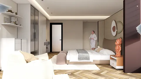 modern bedroom design featuring a cozy bed and elegant furniture arrangements with a focus on space optimization, enhanced by Homestyler's real-time 3D rendering capability.