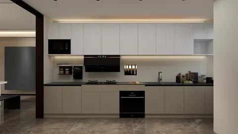 modern kitchen design featuring sleek cabinetry and integrated appliances in a contemporary style, showcasing Homestyler's real-time 3D rendering capability for effective renovation previews.