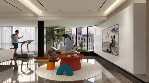 family enjoying a modern living room with fitness area and art display, incorporating contemporary style, featuring real-time 3D rendering from Homestyler for interior design visualization.