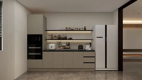 Modern kitchen interior design showcasing an organized cabinet layout with integrated appliances and stylish shelving, emphasizing space efficiency for contemporary living, utilizing Homestyler's real-time 3D rendering feature.