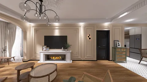 spacious living room with modern furniture arrangement showcasing aesthetic charm and warm tones, featuring Homestyler's real-time 3D rendering for detailed design preview.