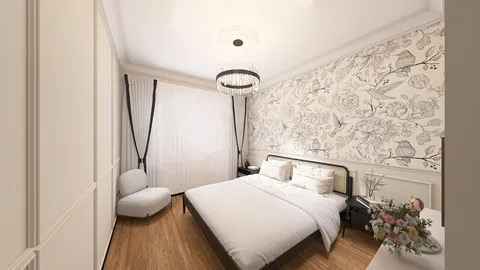 Stylish bedroom interior with floral wallpaper and modern furnishings, showcasing Homestyler's real-time 3D rendering for quick design visualization.