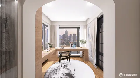modern home office design with panoramic city view featuring a minimalist desk setup and stylish chair, showcasing interior decor optimization through Homestyler's real-time 3D rendering.