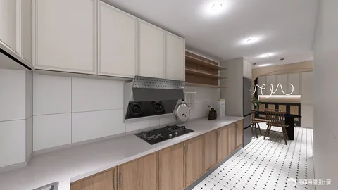 modern kitchen layout with cabinetry and appliances, showcasing minimalist design, contemporary style, and optimizing small space using Homestyler's smart furniture arrangement feature.