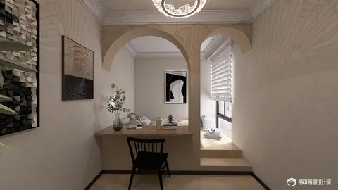 minimalist home office setting with a desk and chair designed using smart furniture arrangement for space optimization, showcasing a stylish and modern ambiance.