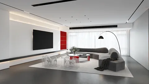 Modern living room layout featuring a minimalist design with sleek furnishings, styled using Homestyler's real-time 3D rendering feature, showcasing a spacious and inviting atmosphere.