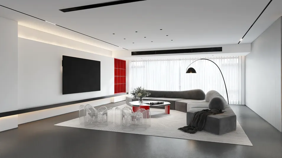 Modern living room layout featuring a minimalist design with sleek furnishings, styled using Homestyler's real-time 3D rendering feature, showcasing a spacious and inviting atmosphere.