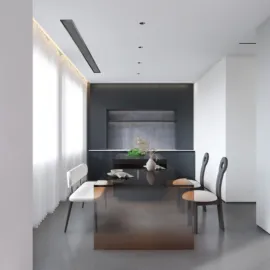 modern dining room design featuring elegant wooden chairs and a sleek glass table, showcasing a minimalist style that enhances the spacious atmosphere, utilizing Homestyler's real-time 3D rendering capabilities for design proposals.