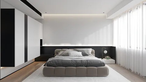 modern bedroom design featuring a minimalist layout with a spacious bed and sleek furniture arrangement, showcasing interior decor elements for an improved living space, utilizing Homestyler's real-time 3D rendering feature to visualize design options.