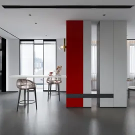 Modern partition design featuring a striking red accent, optimizing open space layout, showcasing minimalist style in a contemporary dining area with Homestyler's real-time 3D rendering capabilities.