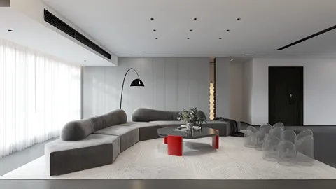 modern living room showcasing a curved sofa with a minimalist design, featuring a round coffee table and accent decor elements, emphasizing interior decoration with Homestyler's real-time 3D rendering functionality.