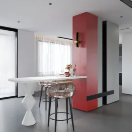 modern kitchen design featuring a unique white table and transparent chairs, showcasing an elegant minimalist style, enhancing the dining space for a sophisticated atmosphere, utilizing Homestyler's real-time 3D rendering capability.