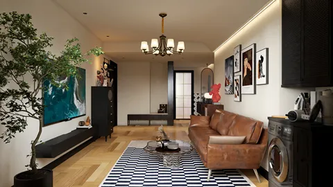 modern living room interior design featuring a cozy leather sofa and artistic wall decor with photos, utilizing Homestyler's real-time 3D rendering for a quick design proposal preview.