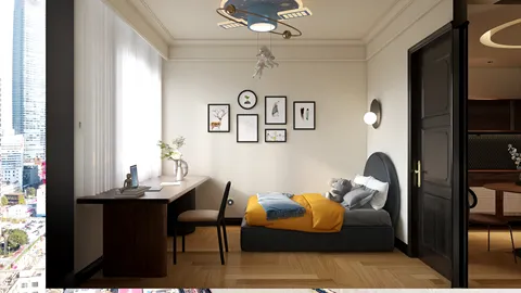 A cozy bedroom featuring a minimalist design, showcasing a single bed, a desk, and decorative wall art, utilizing Homestyler's real-time 3D rendering for a realistic preview.