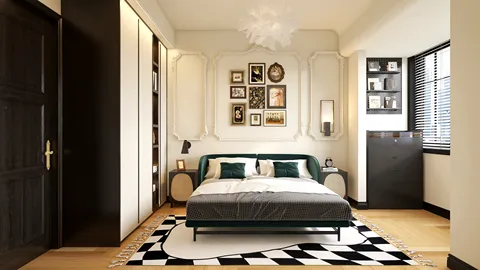 Modern bedroom design featuring a stylish bed with green accents, showcasing classic decor elements in a sophisticated style, optimized for space efficiency using Homestyler's 3D rendering feature.