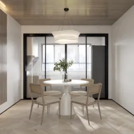 modern dining area featuring a round table and minimalist chairs, designed for spacious aesthetics, utilizing Homestyler's real-time 3D rendering for accurate preview of interior layout.