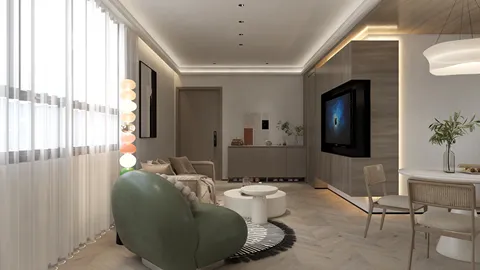 modern living room featuring stylish furniture arrangement and innovative lighting design, emphasizing a cozy atmosphere and space optimization, utilizing Homestyler's intelligent furniture placement feature.